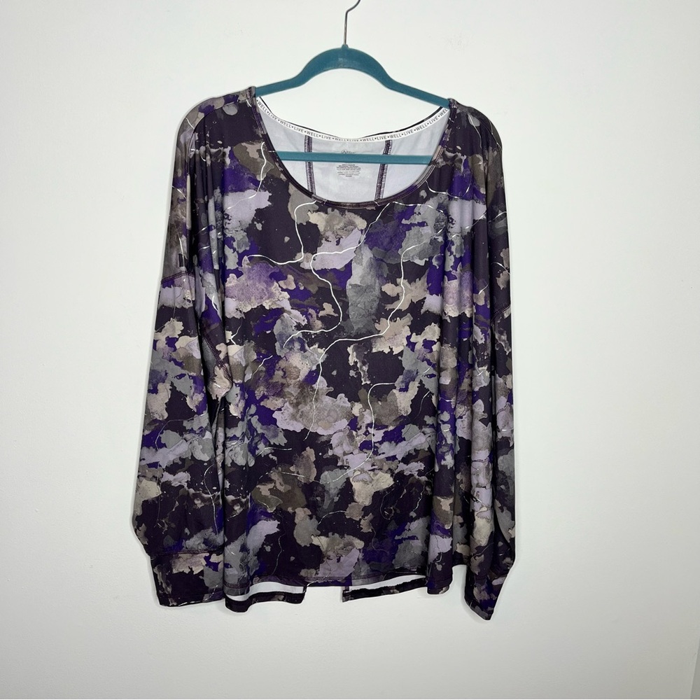 Cato Active Size 26w 28w Long Sleeve Mixed Print Workout Top Tulip Back